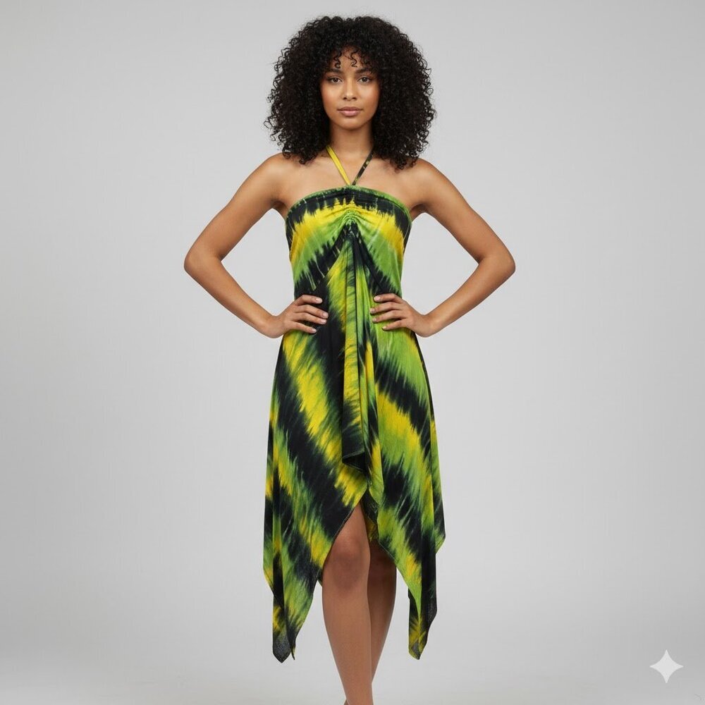 Vibrant Green and Yellow  Tie Dye Halter Dress